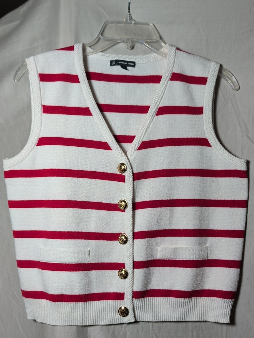 Adrianna Papell White and Pink Striped Sleeveless Knit Vest with Gold Buttons